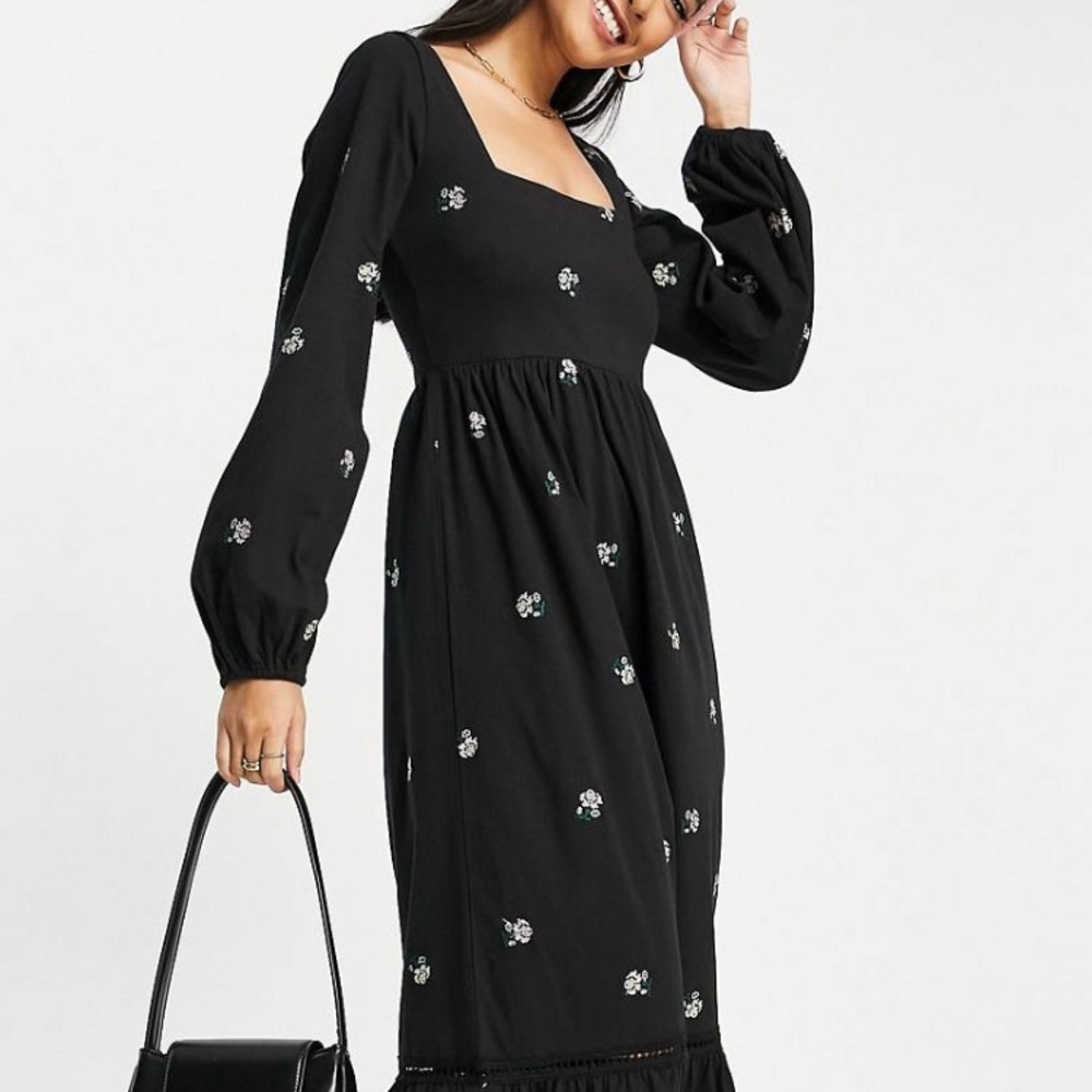 Asos Design square neck midi smock dress with all over floral embroidery